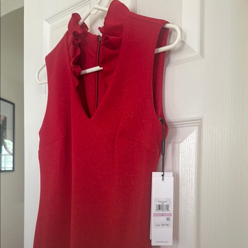 Calvin Klein Vibrant Red Dress with Ruffle Collar - Picture 3 of 4